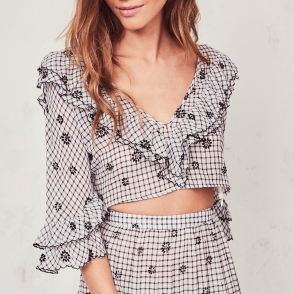 NWT LoveShackFancy Blake Crop Top Gingham Black Women Ruffle Plaid Blouse Medium